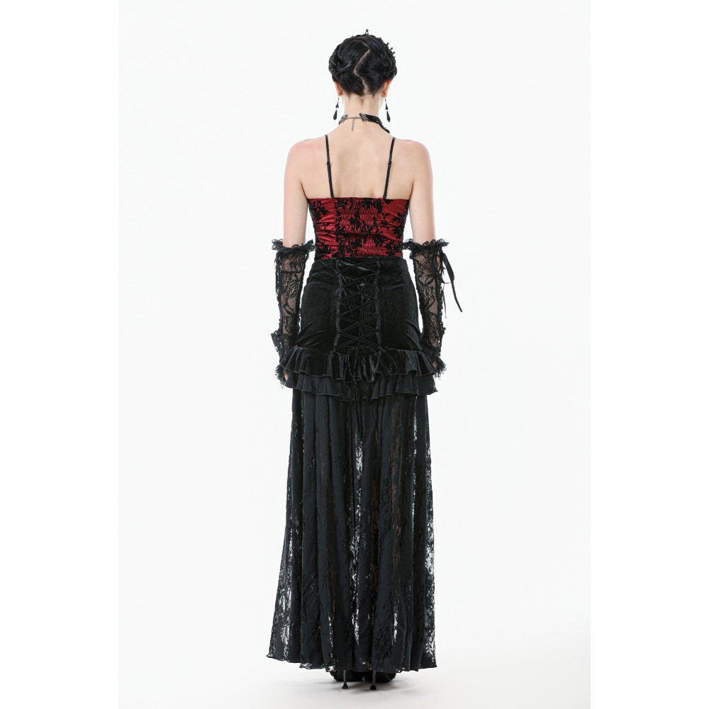 Dark in Love Gothic Lace Velvet Layered Maxi Skirt in Black