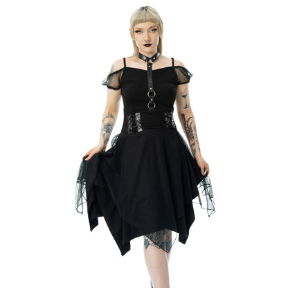 Poizen Industries Banshee Gothic Mini Dress - Cold Shoulder Mesh & Lace-Up