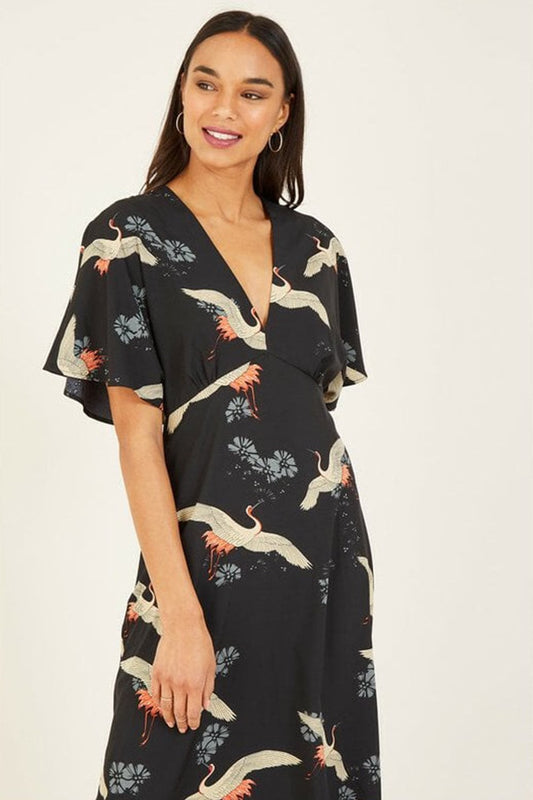 Black Crane Print Kimono Midi Dress