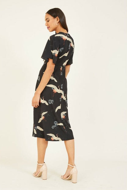 Black Crane Print Kimono Midi Dress