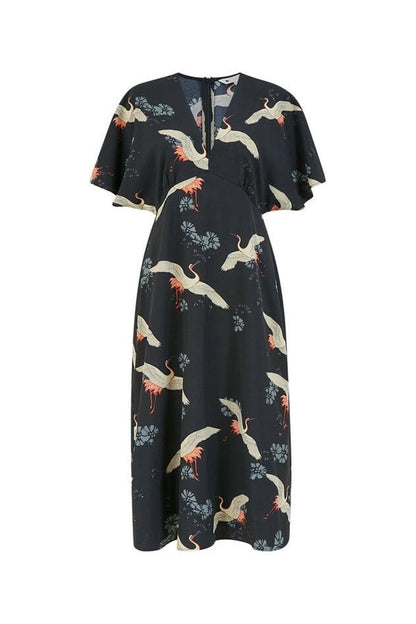 Black Crane Print Kimono Midi Dress