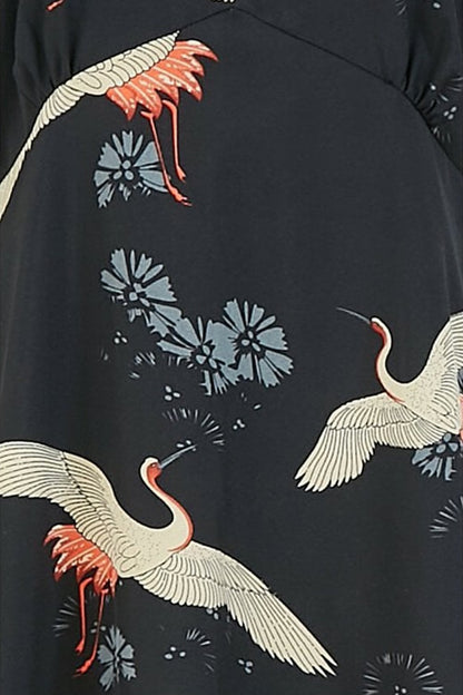 Black Crane Print Kimono Midi Dress