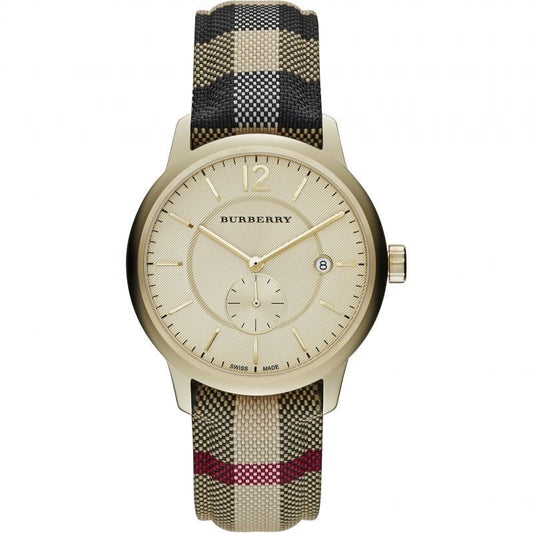 Burberry Men’s Watch Leather Multicolour Strap With Gold Dial And Gold Case BU10001 The City