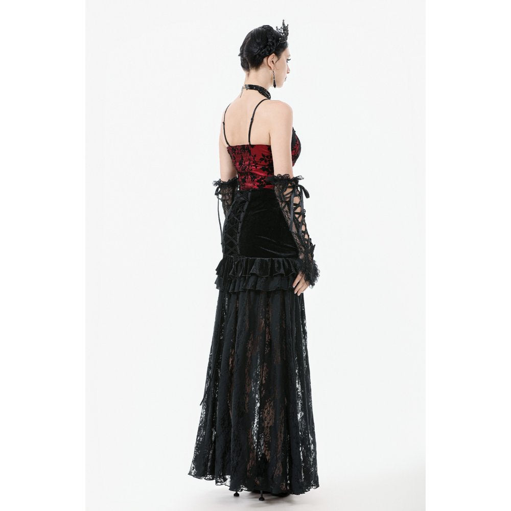 Dark in Love Gothic Lace Velvet Layered Maxi Skirt in Black