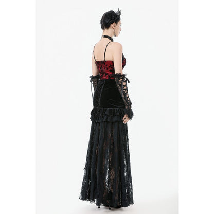 Dark in Love Gothic Lace Velvet Layered Maxi Skirt in Black