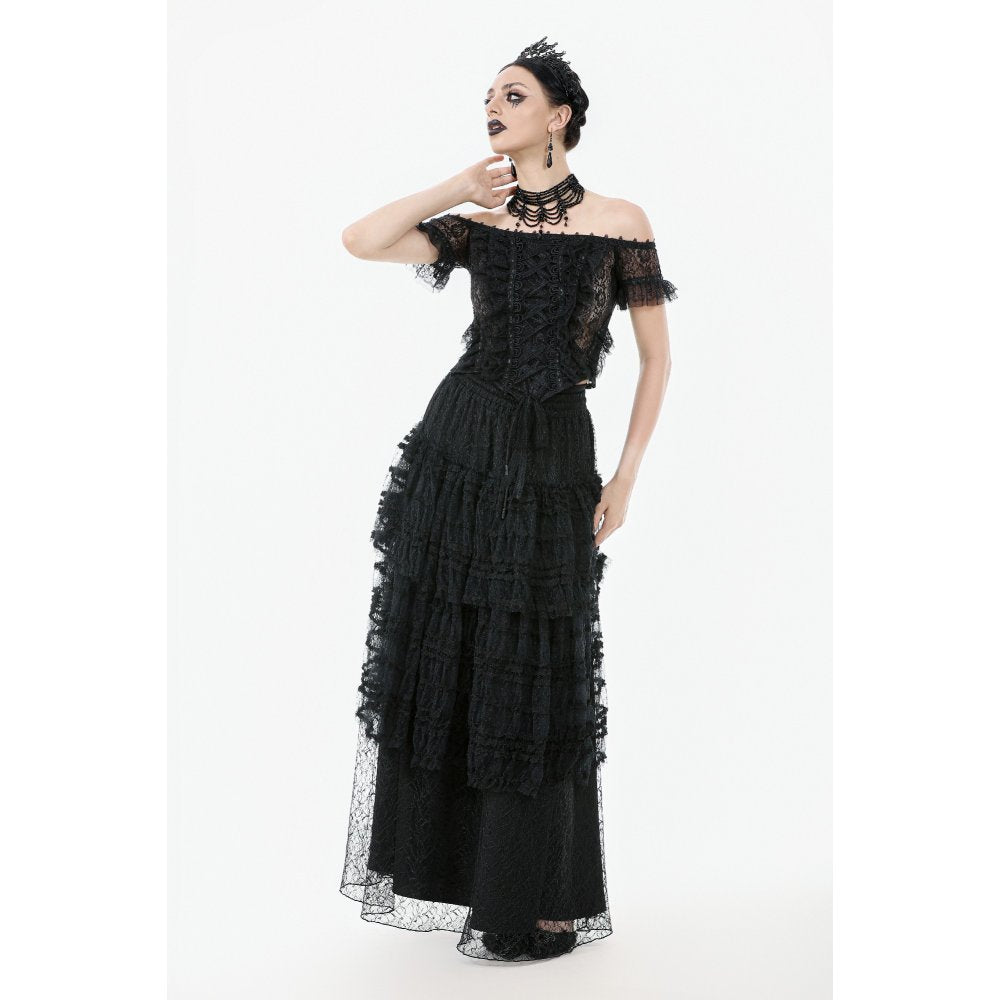 Dark in Love Morticia Gothic Velvet & Lace Skirt in Black