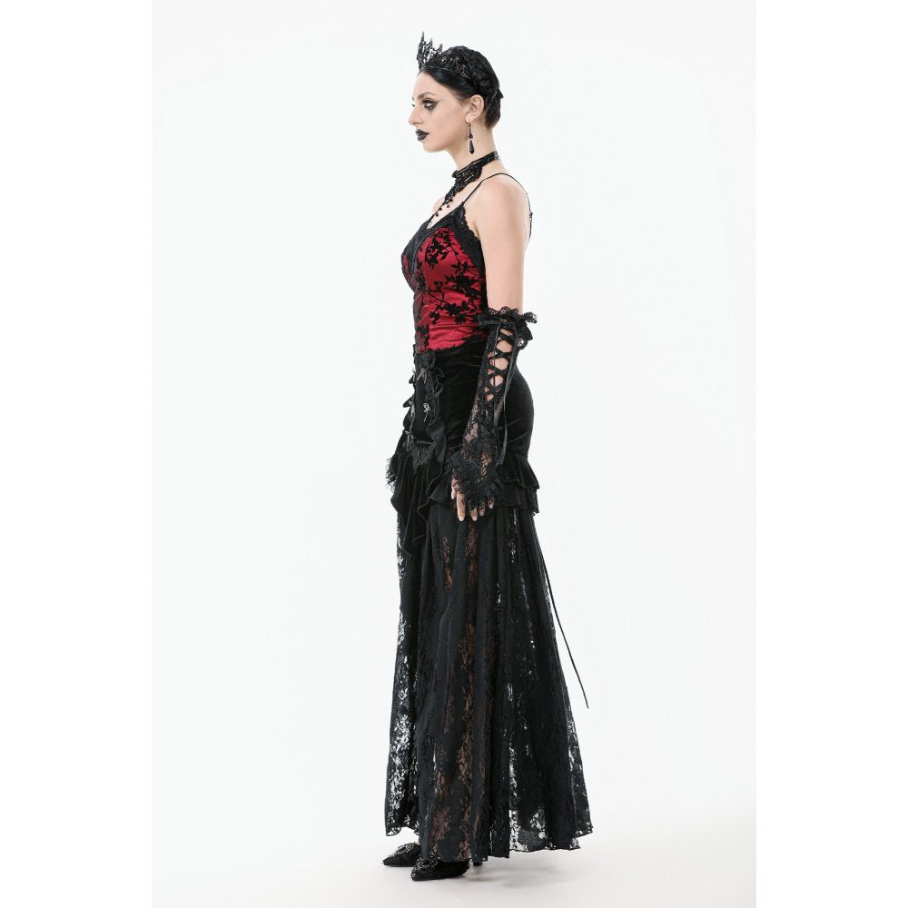 Dark in Love Gothic Lace Velvet Layered Maxi Skirt in Black