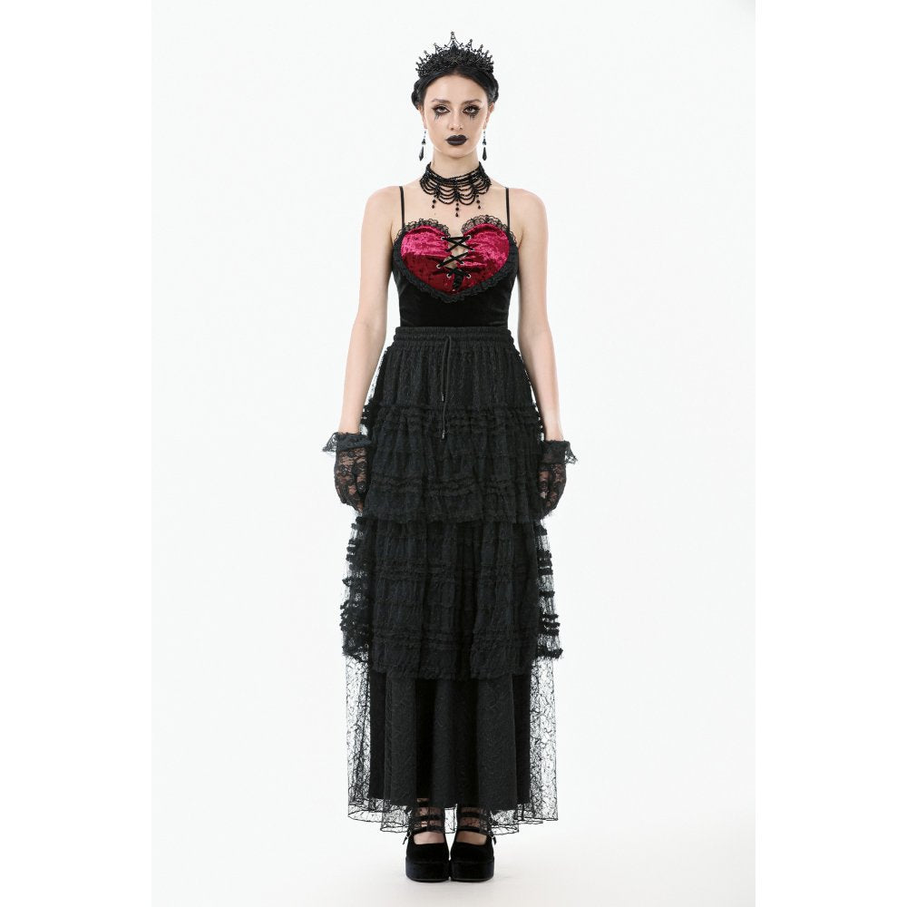 Dark in Love Morticia Gothic Velvet & Lace Skirt in Black