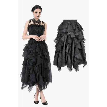 Dark in Love Morrigan Ruffled Goth Midi Skirt in Black