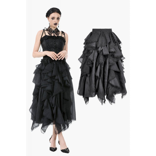 Dark in Love Morrigan Ruffled Goth Midi Skirt in Black