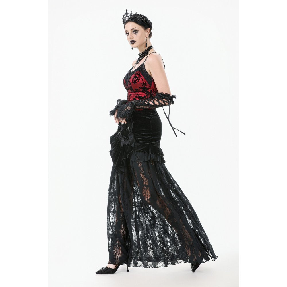 Dark in Love Gothic Lace Velvet Layered Maxi Skirt in Black