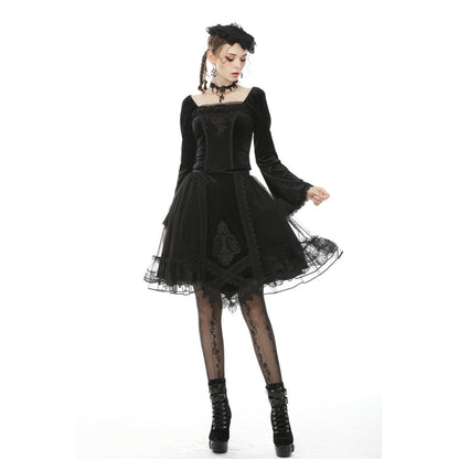 Dark in Love Melisandre Embroidered Velvet Mesh Goth Skirt in Black