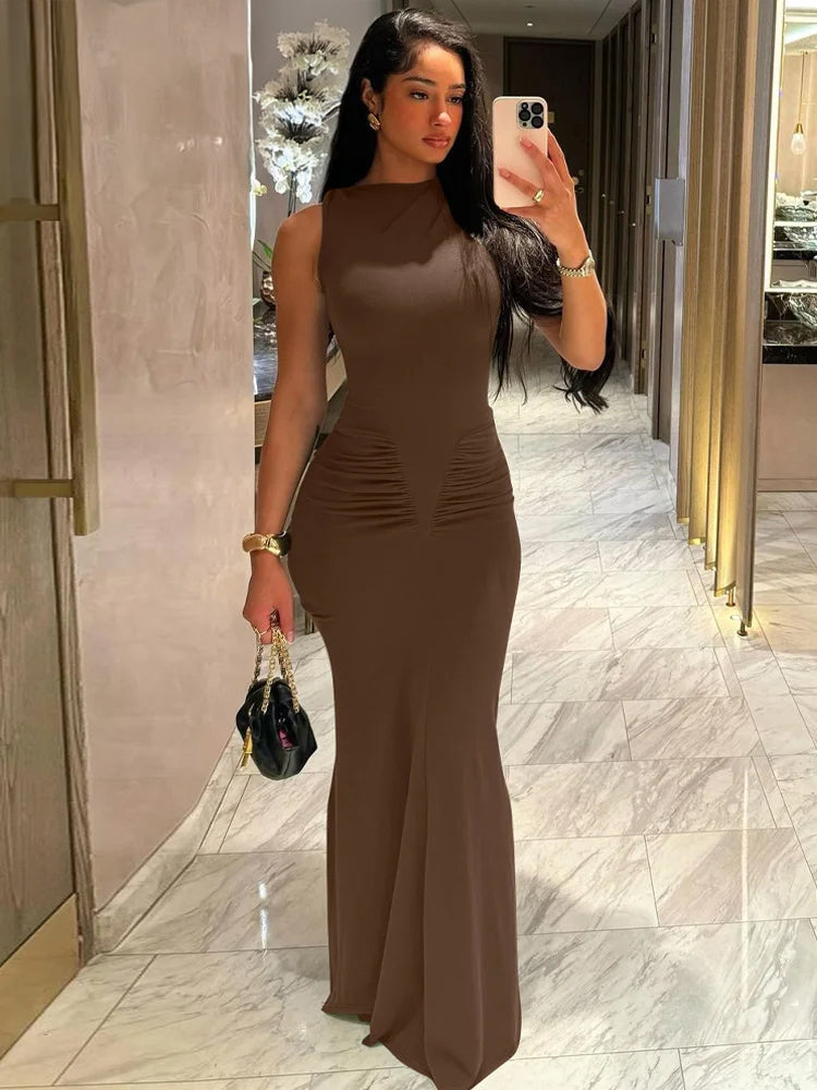 Women Elegant Long Ruched Bodycon Sleeveless Solid long Dresses