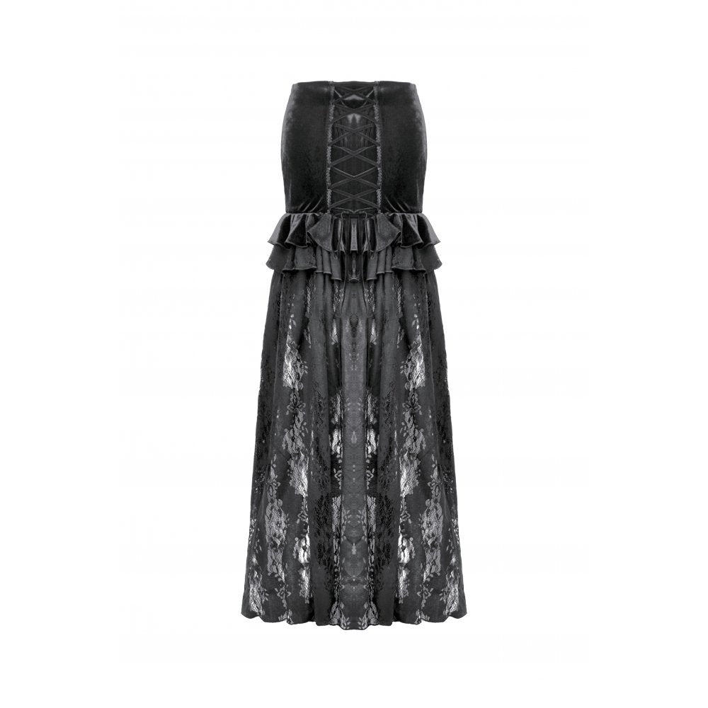 Dark in Love Gothic Lace Velvet Layered Maxi Skirt in Black
