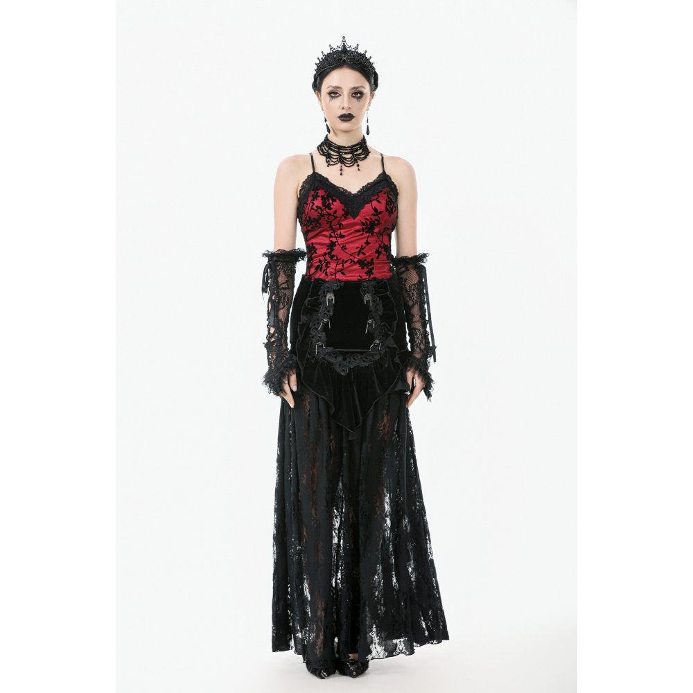 Dark in Love Gothic Lace Velvet Layered Maxi Skirt in Black