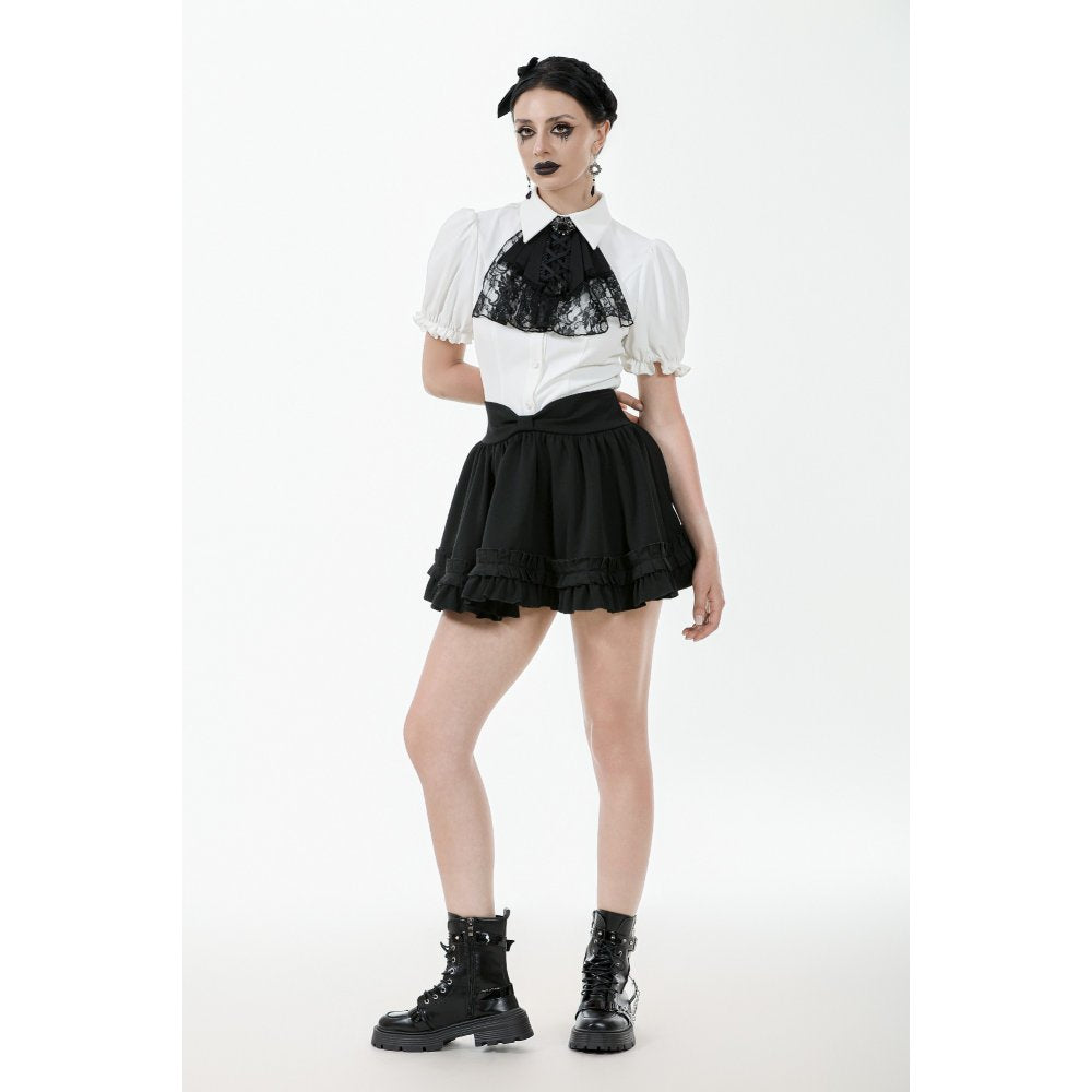 Dark in Love Elysia Ruffle Bib Puff Sleeve Goth Blouse in White