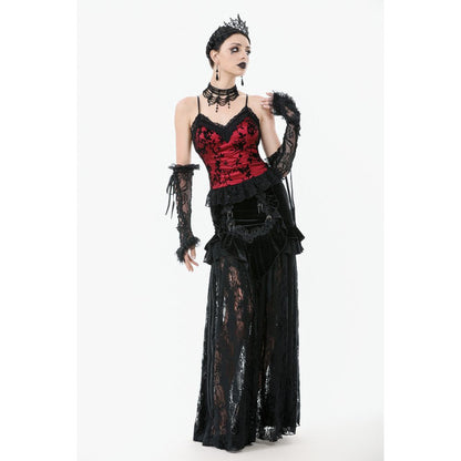 Dark in Love Gothic Lace Velvet Layered Maxi Skirt in Black