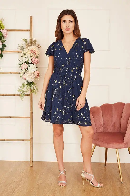 Mela Navy Foil Star Print Wrap Skater Dress