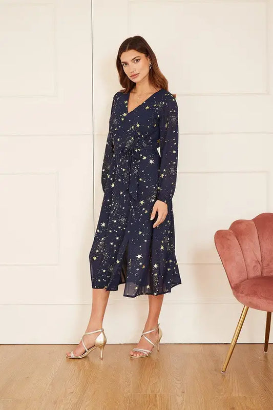 Mela Navy Foil Star Print Long Sleeve Midi