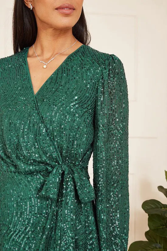Mela Green Sequin Long Sleeve Frill Wrap Dress