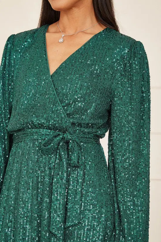 Mela Green Sequin Belted Wrap Long Sleeve Dress