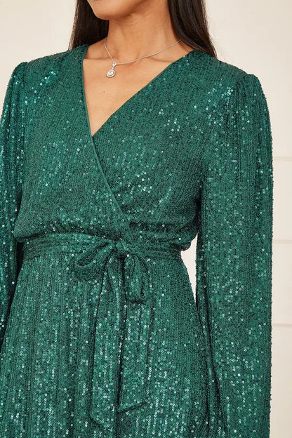 Mela Green Sequin Belted Wrap Long Sleeve Dress