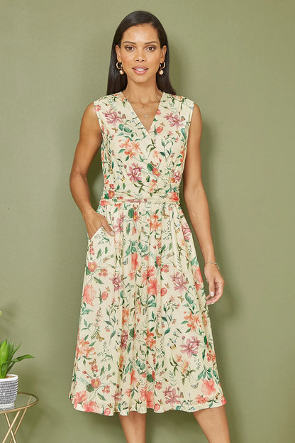 Yumi Ivory Floral Print Mesh Stretch Midi Dress With Pockets