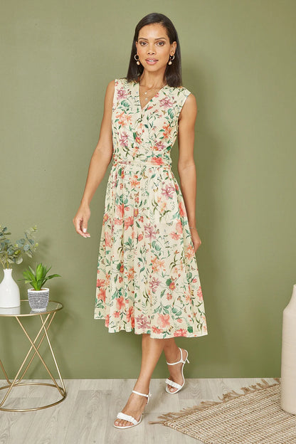 Yumi Ivory Floral Print Mesh Stretch Midi Dress With Pockets