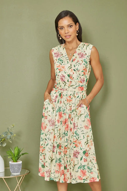 Yumi Ivory Floral Print Mesh Stretch Midi Dress With Pockets
