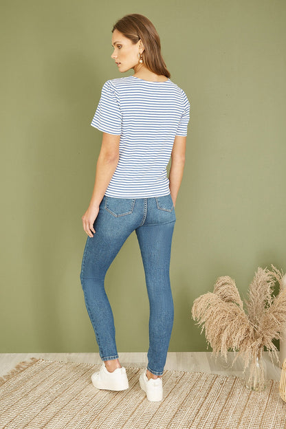 Yumi Blue Striped Jersey Button Detail Top
