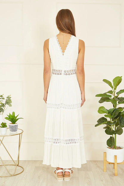 Yumi White Lace Trim Cotton Midi Sun Dress
