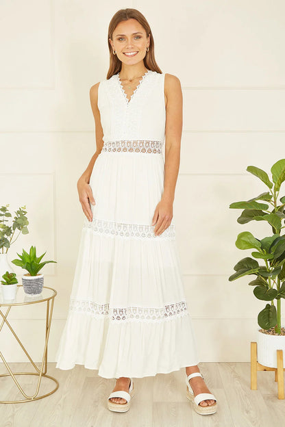 Yumi White Lace Trim Cotton Midi Sun Dress