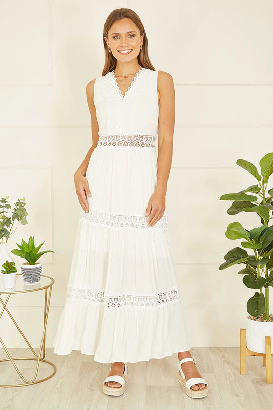 Yumi White Lace Trim Cotton Midi Sun Dress