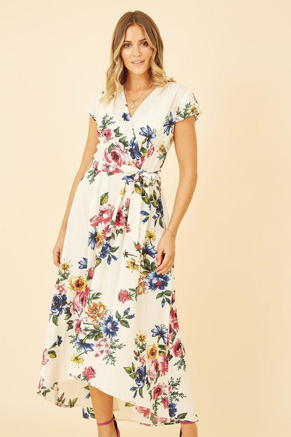 Mela Ivory Floral Wrap Dip Hem Dress