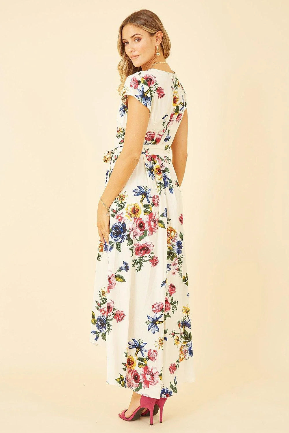 Mela Ivory Floral Wrap Dip Hem Dress