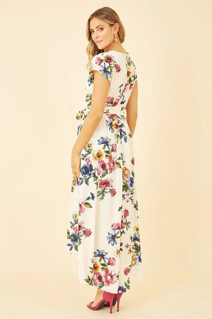 Mela Ivory Floral Wrap Dip Hem Dress