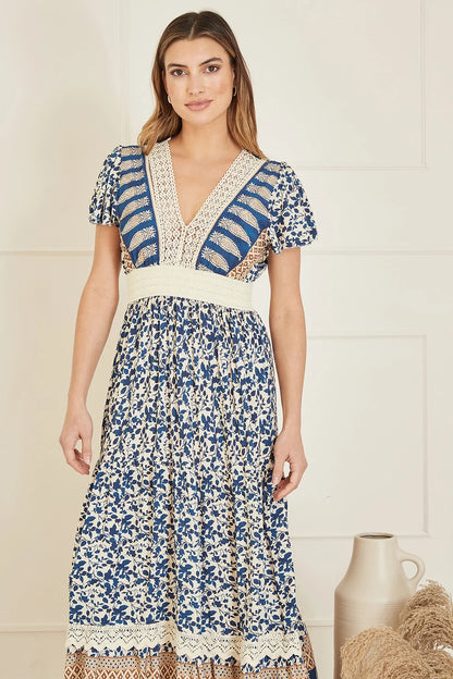 Yumi Navy Viscose Leaf Print Maxi Dress With Lace Trim