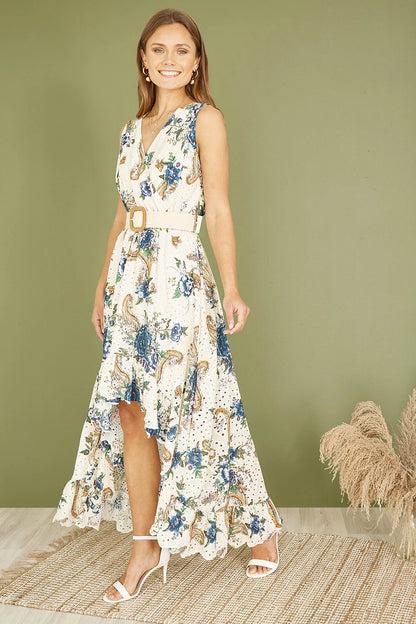 Yumi Premium Ivory Floral Print Broderie Anglaise Cotton Dip Hem Midaxi Dress