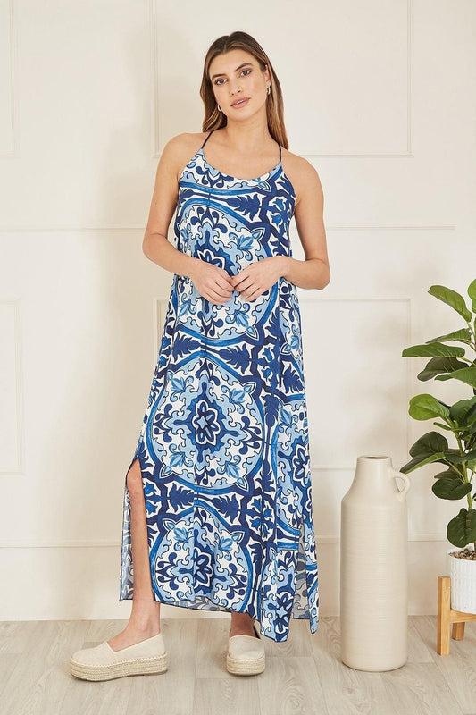 Mela Blue Tile Print Maxi Dress With Side Split Hem