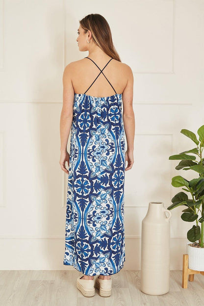 Mela Blue Tile Print Maxi Dress With Side Split Hem