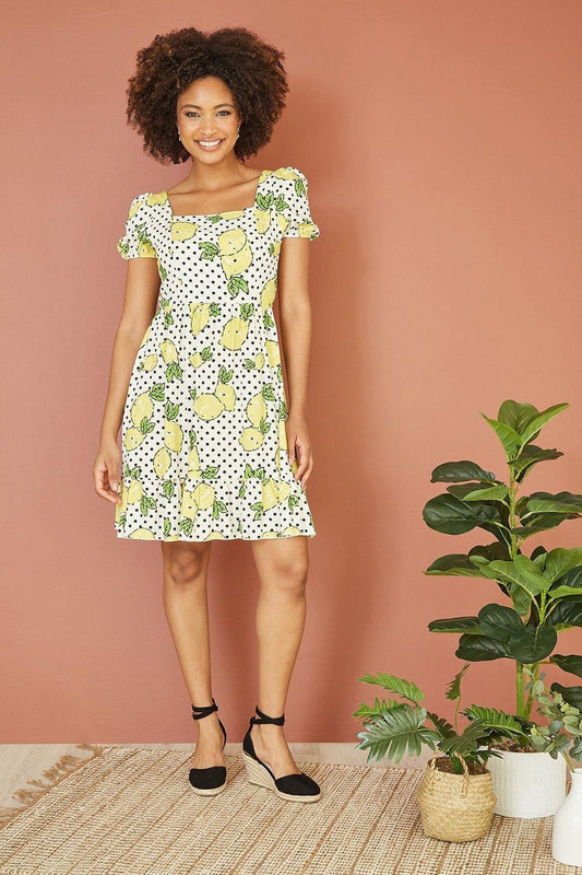 Mela White Viscose Lemon Print Skater Dress With Balloon Sleeves