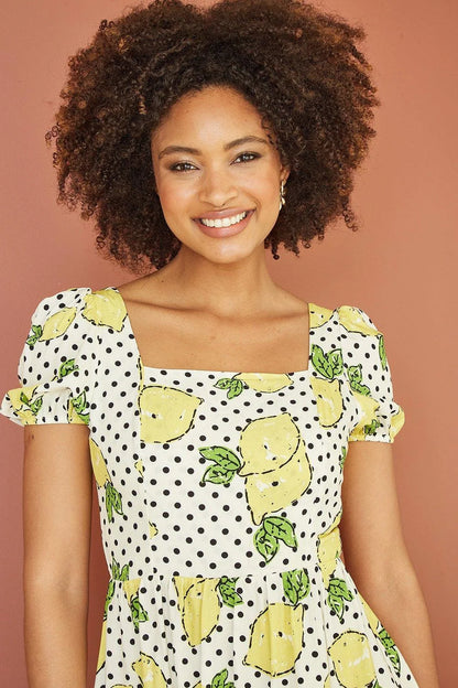 Mela White Viscose Lemon Print Skater Dress With Balloon Sleeves