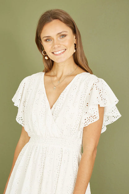 Yumi White Cotton Broderie Anglaise Wrap Midi Dress