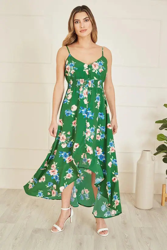 Mela Green Floral High Low Frill Midi Dress