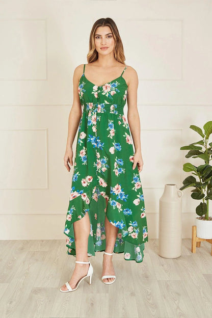 Mela Green Floral High Low Frill Midi Dress