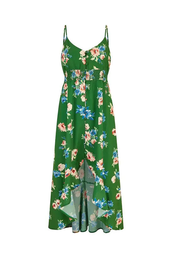 Mela Green Floral High Low Frill Midi Dress