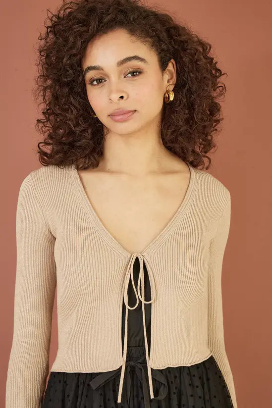 Yumi Gold Metallic Knitted Ribbed Tie Front Bolero