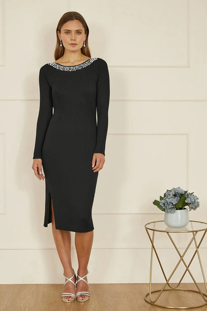 Yumi Black Pearl Neckline Fitted Midi Knitted Dress