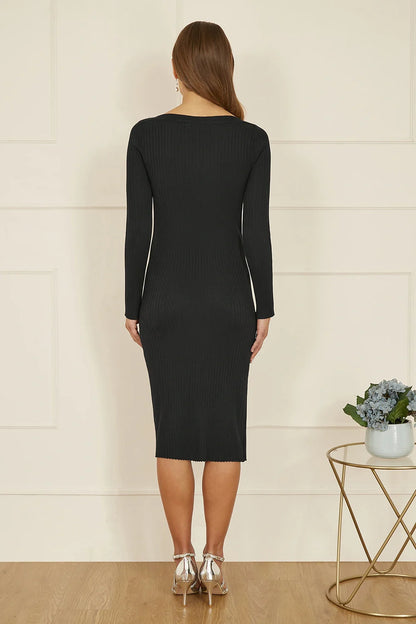 Yumi Black Pearl Neckline Fitted Midi Knitted Dress