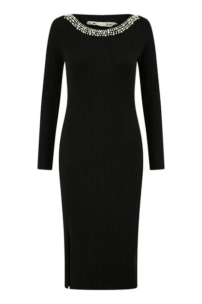 Yumi Black Pearl Neckline Fitted Midi Knitted Dress